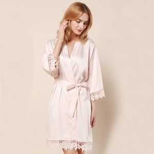 Women Satin Kimono Robes Lace Edges Silk Short Bridesmaid Robe Lingerie Dressing